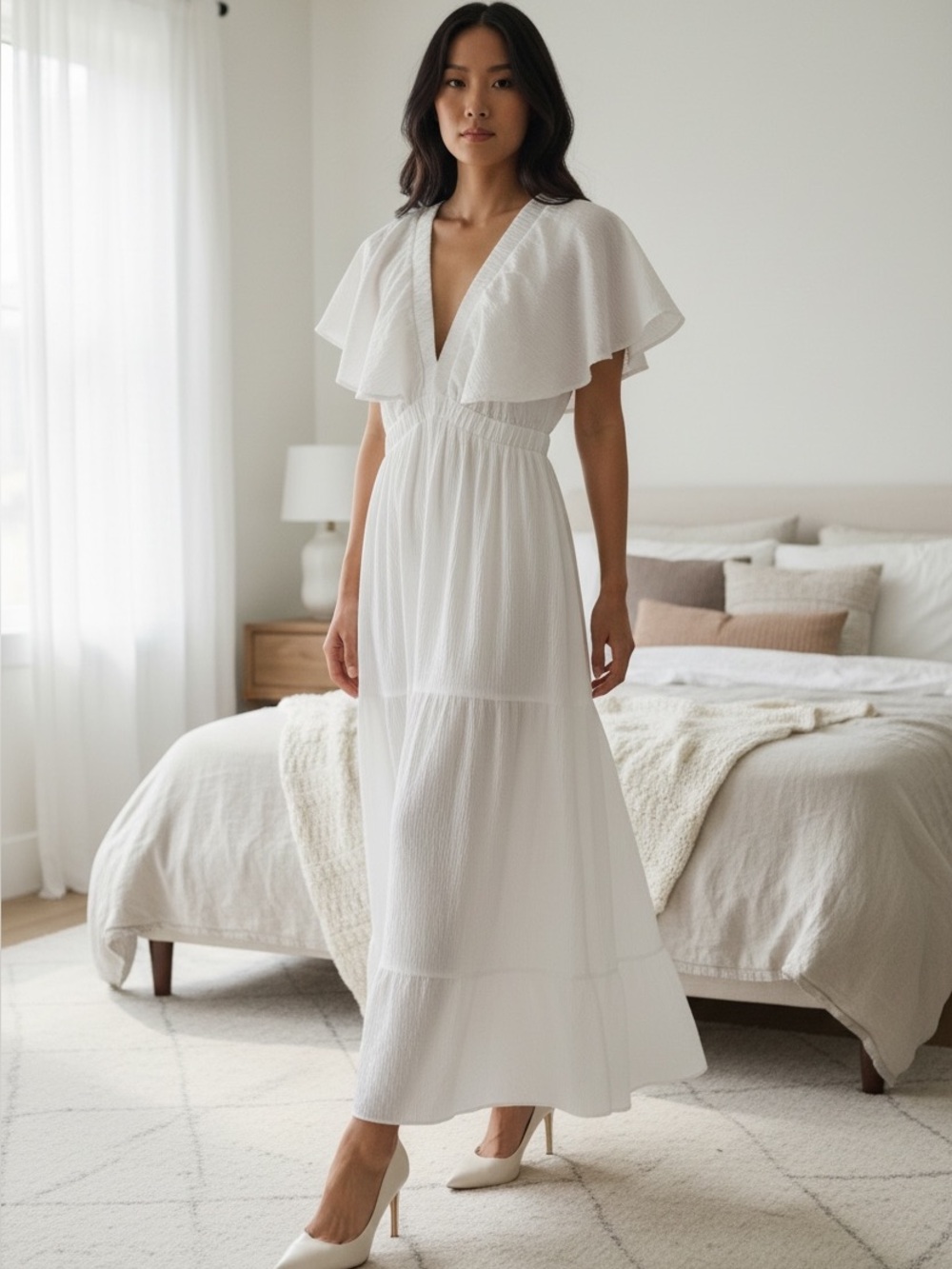 SHE SKY Elegant White V-Neck Maxi Dress with Flutter Sleeves